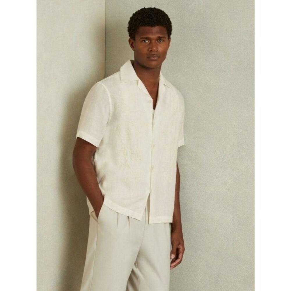 NWT Reiss Sonny Linen Embroidered Cuban Colar Style Shirt M Quiet Luxury Resort
